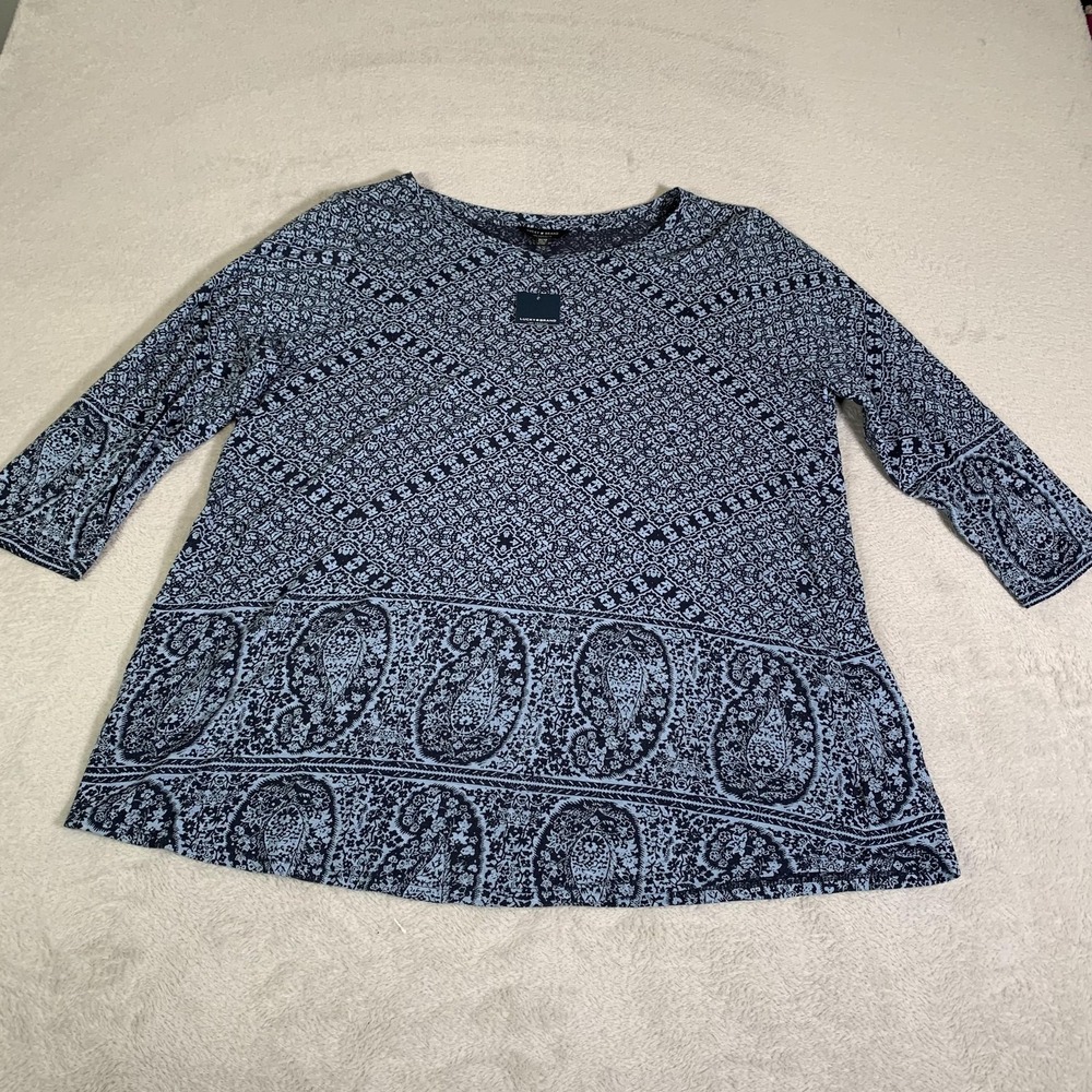 Lucky Brand Tunic Top Womens 1X Blue Paisley‎ Boat Neck 3/4 Sleeve Knit NEW